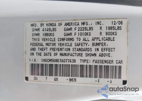 2007 Honda Accord 2.4 Ex from USA, damaged, VIN 1HGCM56867A077439